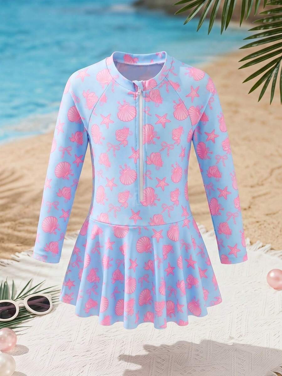 SHEIN Young Girl Starfish Print Long Sleeve One-Piece Swimsuit - Multicolor - View 1