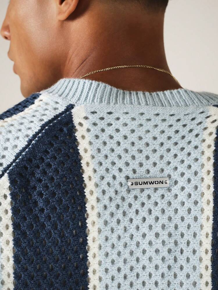 Maglione a maglia aperta con scollo a V, vestibilità squadrata, con design a blocchi di colore a righe verticali