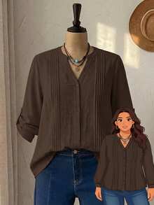 Modelyn Plus Size Women's Solid Color Cuffed Sleeve Pleated Design Casual Shirt - Coffee Brown - View 1