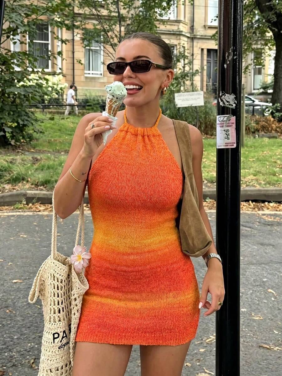 Selianne Váy ngắn đi biển dành cho nữ, váy ngắn hở lưng cổ yếm, kiểu nhuộm tie-dye màu cam, chất liệu vải dệt họa tiết, thích hợp cho các lễ hội âm nhạc. - trái cam - Xem 1