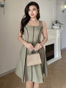 Feyla Gaun Mini Tanpa Lengan dengan Trim Kontras Elegan untuk Wanita, Musim Panas - Hijau - View 3