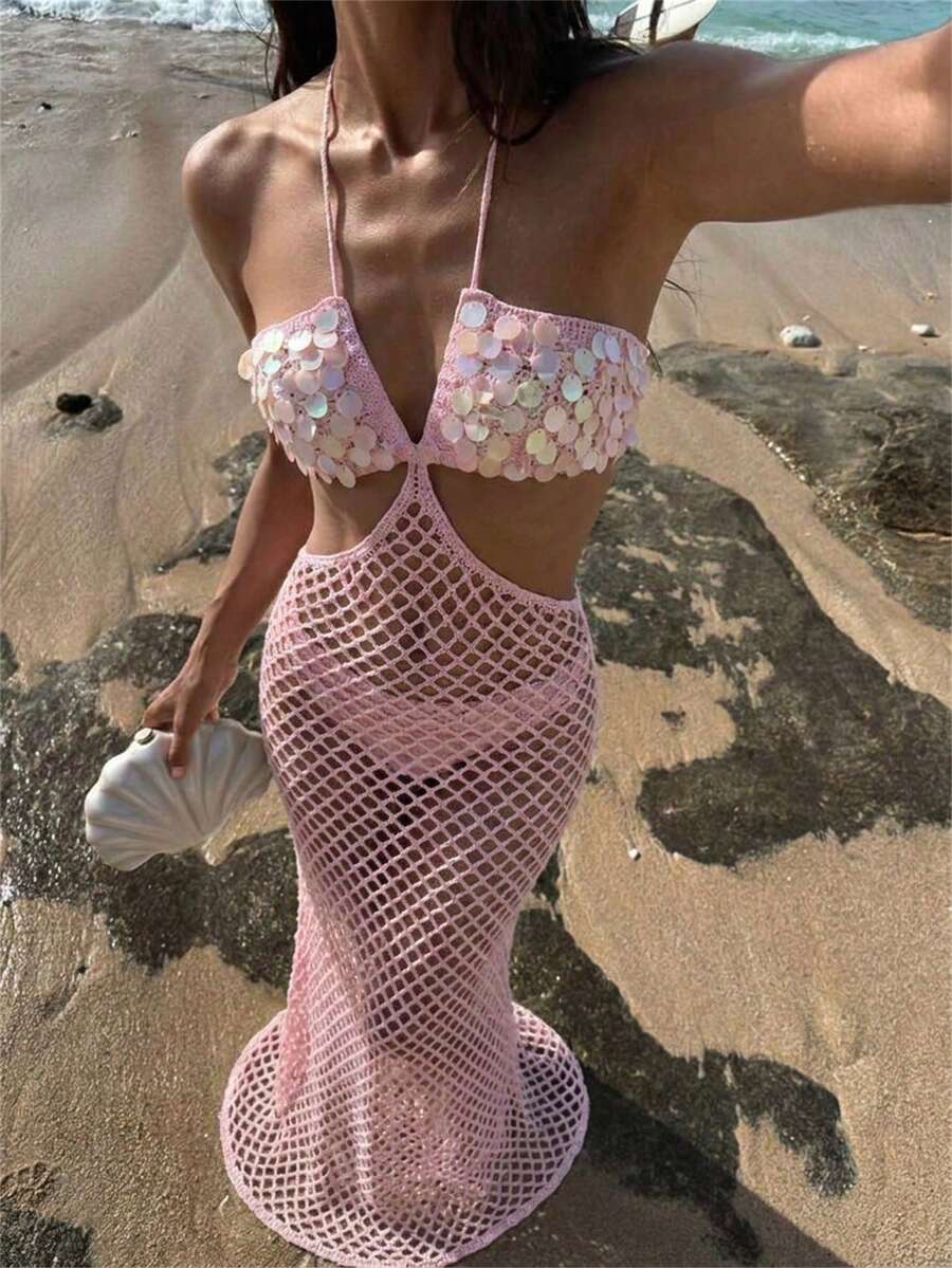 Swim SXY 粉色针织镂空露背性感亮片腰部镂空美人鱼裙摆女式网红度假罩衫 - 粉色 - 查看 1