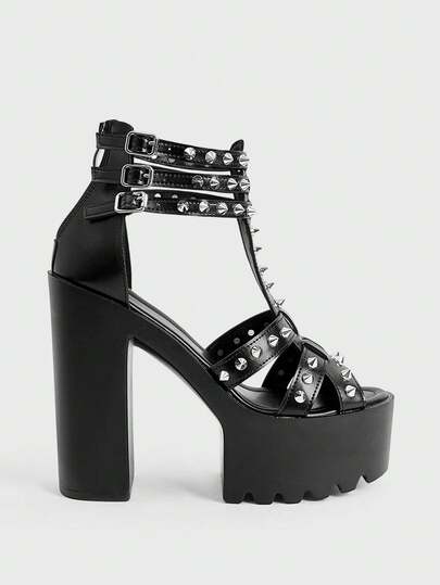 Sugerpunk Sandalias de tacón alto con punta abierta, estilo casual y de moda para mujer. Diseño de correa estilo romano con remaches y picos metálicos de estilo gótico punk. Hebilla elástica de tobillo metálica y cierre con cremallera trasera. Plataforma gruesa y tacón ancho resistente al agua. Zapatos de mujer para primavera/verano, fiestas nocturnas, vacaciones.