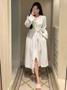 DAZY 女款長款毛絨蕾絲荷葉邊下擺睡袍，冬季睡衣 - 白色 - 查看 3