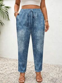 SHEIN Frenchy Plus Size Women Denim Effect Print Drawstring Waist Pocket Pants - Multicolor - View 3