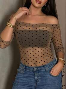 Dazy Plus 大码女式波点露肩休闲百搭日常穿搭T恤 - 咖啡棕 - 查看 5