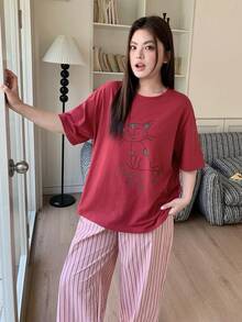 Dazy Plus 大码女士舒适短袖睡衣套装 夏季 - 紅色 - 查看 4