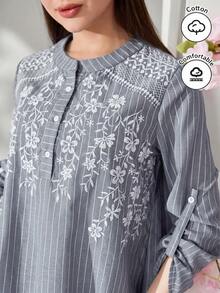 Veilorie New Embroidered Striped Casual Comfortable Daily Versatile Long Sleeve Shirt - Dusty Blue - View 1