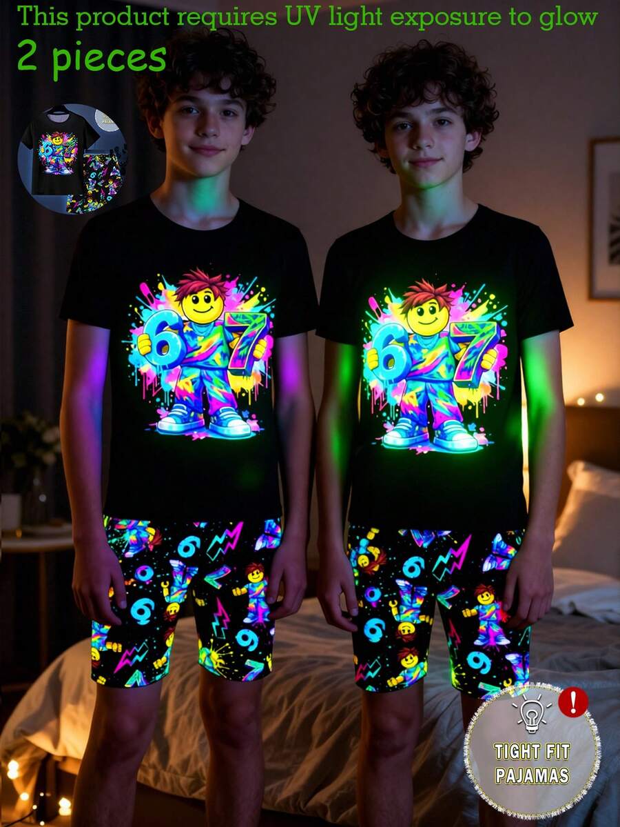 Tween Boys Glow-In-The-Dark Graphic Print Pajama Set, 2pcs - Snug Fit Shirt & Shorts, UV Activated - Black - View 1