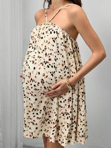 SHEIN 孕婦全印花掛脖迷你洋裝，波希米亞風夏季細肩帶孕婦裙，適合嬰兒洗禮、休閒寬鬆度假海灘穿搭 - 杏色 - 查看 4
