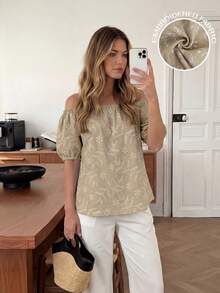 Easowa Áo sơ mi tay phồng trễ vai, chất liệu vải dệt jacquard thêu hoa, kiểu dáng thoải mái, thanh lịch, phù hợp cho công sở, đi nghỉ dưỡng, phong cách vintage, mùa xuân/hè. - Màu Khaki - Xem 2