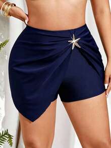 Swim Lushoire Plus Size Women's Black One-Piece Star Decor Drawstring Skirt Hem Shorts Swimwear Bottom, Fashionable Minimalist For Summer Beach Vacation - Navy Blue - View 5
