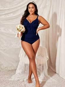 Swim Lushoire Baju Renang Terusan Wanita Ukuran Besar Warna Polos dengan Hiasan Ruffle, Cocok untuk Liburan Pantai, Pesta Kolam Renang, Liburan Pantai, Pesta Pantai, Biru Tua, Seksi untuk Musim Panas - Navy Blue - View 5
