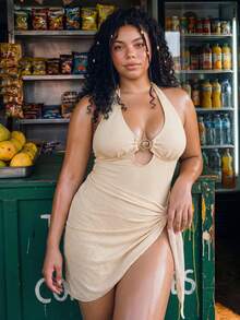 Swim Vcay Plus Size Women's Beige Solid Halter Tie Metal Decor Tankini Swimsuit Set With Mini Skirt,Casual Summer Beach Vacation Holiday Swimwear - Apricot - View 4