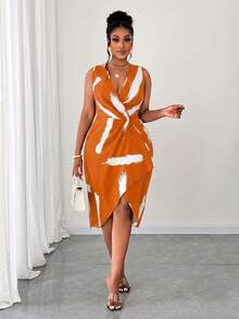 Maweii Vestido sin mangas con cuello en V y estampado de talla grande - Naranja - Ver 8