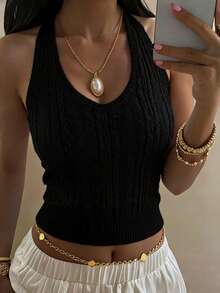 DAZY Women's Solid Color Fitted Halter Casual Street Sleeveless Sweater Vest Y2k Summer - Black - View 3