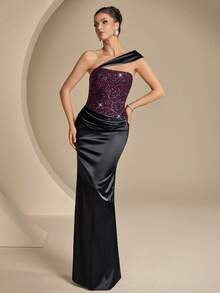 Coutiva Asymmetrical One Shoulder Sequin Satin Mermaid Evening Dress, Ruched High Split Bodycon Formal Party Gown, Elegant Wedding Guest Long Dress - Black - View 3