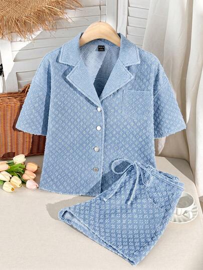 Comfortcana Women's Front Button Pocket Short Sleeve Top And Shorts Casual Denim Suit
