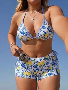 Swim Mod Bộ bikini 3 mảnh gợi cảm mùa xuân/hè 2026 mới về, in kỹ thuật số, có đệm mút rời, dây buộc nơ phía sau, quần tam giác viền ren thanh lịch, phong cách nghỉ dưỡng thường ngày. - Nhiều màu - Xem 6