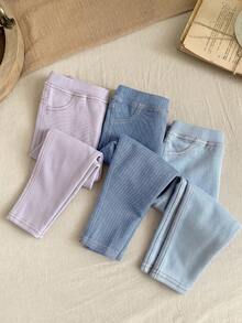 SHEIN LMoss Kids LMoss 女童三件套纯色针织打底裤休闲套装 - 淡紫色 - 查看 3