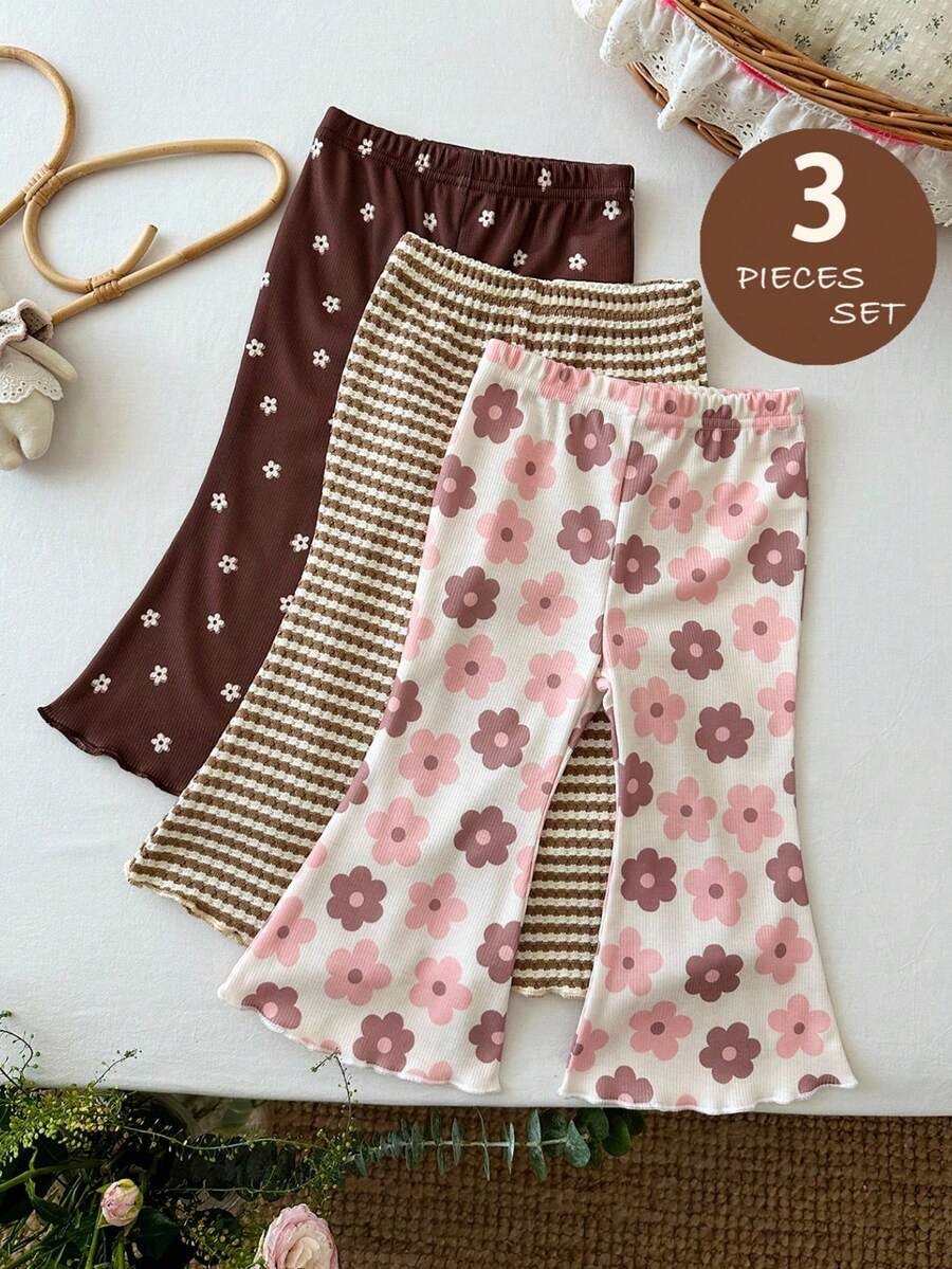 SHEIN Baby Girl Elastic Waist Casual Flare Pants - Multicolor - View 1