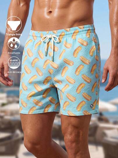 Surfspeed Pantalones cortos de playa con cordón en la cintura y estampado de perros calientes para hombres