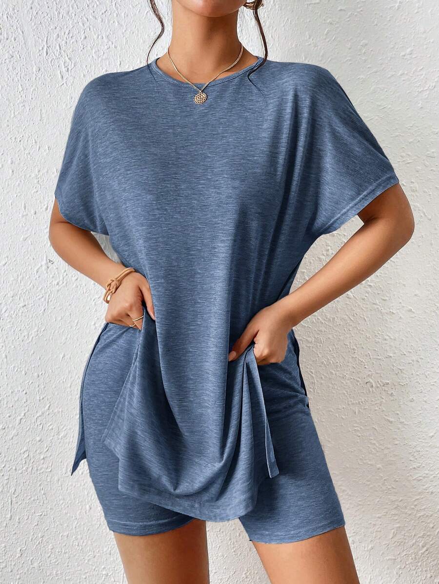 SHEIN Frenchy 蝙蝠袖开衩下摆T恤和骑行短裤两件套 - 藏蓝色 - 查看 1