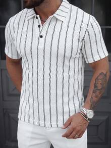 Manfinity CasualCool Áo polo nam tay ngắn kẻ sọc, kiểu dáng thường ngày, thích hợp đi làm. - Đen và trắng - Xem 5