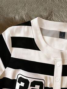 SHEIN Women's Letter Striped Button Half Placket Short Sleeve Casual T-Shirt - Multicolor - View 3