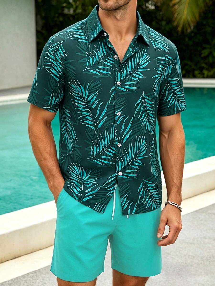 Genlund Men's Hawaiian Tropical Plant Print Shirt And Shorts Set - Multicolor - View 1