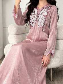 SHEIN 青少年女孩 V 領亮片蝴蝶圖案休閒派對長袖 Abaya 穆斯林保守風洋裝 - 粉色 - 查看 7