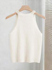 SHEIN Nueva parte superior de punto acanalado con cuello entallado con perlas falsas, para primavera/verano - Crema - Ver 2
