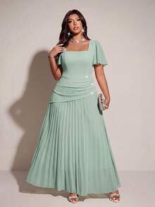 Viva Relle Plus Size Women's Sage Green Summer Elegant Wedding Guest Dress,Luxury Square Neck Short Ruffle Sleeve Rhinestone Pleated Long Formal Dress - Green - View 3