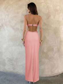 Aloruh Vestido elegante de unicolor sin espalda para mujer, de verano - Rosa - Ver 8