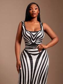 SHEIN SXY Elegant Plus Size White Long Zebra Pattern Bodycon Dress With Open Back Detail Vacation Summer Party - Black and White - View 3