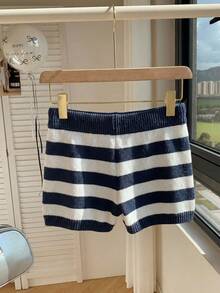 Comfortcana Women's Versatile Drawstring Waist Striped Contrast Color Knit Shorts - Blue and White - View 2