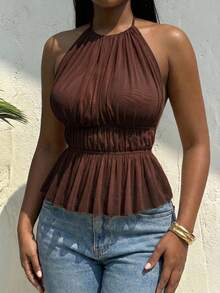 SHEIN SXY Elegant Sleeveless Brown Sheer Halter Top With Ruched Waist And Peplum Hem - Brown - View 11