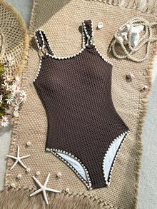 SHEIN Tween Girl Color Block One-Piece Swimsuit, Suitable For Beach Vacation, Pool Party, Beach Party - Brown - View 1