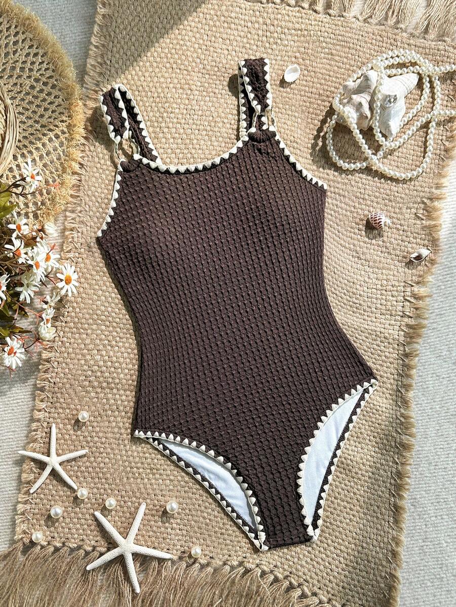 SHEIN Tween Girl Color Block One-Piece Swimsuit, Suitable For Beach Vacation, Pool Party, Beach Party - Brown - View 1