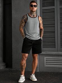 Manfinity CasualCool 男士舒适罗纹圆领背心套装（2件装）搭配纯色抽绳弹力腰短裤，休闲度假、派对、聚会、运动、简约办公皆宜，经典日系畅销背心短裤套装，自穿或送礼皆可，春夏款。 - 彩色 - 查看 4