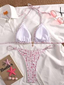 Swim Mod Bộ đồ bơi 2 mảnh dành cho nữ với họa tiết vỏ sò và sao biển ngẫu nhiên, dây buộc cổ, phụ kiện mặt dây chuyền vàng, quần bikini tam giác thông thường với phần lưng nhún, eo có thể điều chỉnh, trang phục đi biển dành cho người lớn. - Nhiều màu - Xem 4