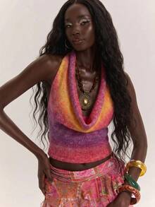 SHEIN BAE Casual Vacation Halter Backless Knit Blouse For Women, - Multicolor - View 4
