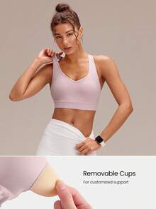 GLOWMODE FeatherFit™-Sculpt V Neck Racerback Sports Bra Tank Top Medium Support Workout Gym - Rusty Rose - View 2
