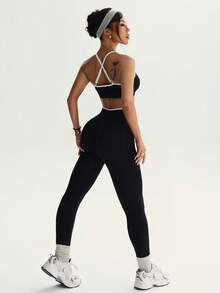BamGleam Women's Contrast Trim Elastic Criss-Cross Back Sports Bra And Leggings Yoga Workout Set Active Two Piece Set Activewear Set Workout Legging Two Piece Set Seamless Workout Set Bra And Leggings Set Curve Activewear Set Gym Two Piece Set Yoga Two Piece Set Sporty Two Piece Setworkout Set - Black - View 2