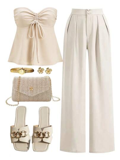 Ellevyn Women's Solid Color Pleated Tie-Front Bandeau Top And Pants Casual Suit