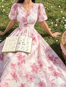 Modelyn V-Neck Petal Sleeve Chiffon Floral Print Front Button Closure White Floral Dress Tea Party Vacation Summer Elegant - Pink - View 4