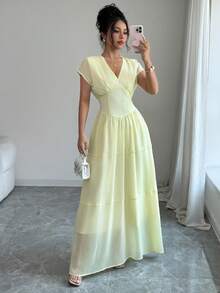 SHEIN Clasi Women's Casual Elegant Chiffon Shirred Short Sleeve Dress With Layered Ruffle Hem, Elastic Waist, Suitable For Commute, Vacation, Afternoon Tea, Party - Light Yellow - View 7
