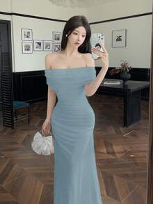 Modelyn 女士露肩褶皱腰身优雅婚礼/场合礼服 - 霧霾藍 - 查看 7