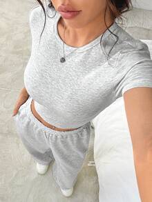 SHEIN EZwear 夏季灰色紧身短袖T恤和宽松运动裤两件套休闲套装 - 灰色 - 查看 7