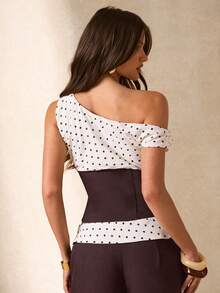 SHEIN BAE Áo kiểu nữ màu nâu chấm bi phối vải, thích hợp cho các hoạt động giải trí, mặc hàng ngày, đi chơi, áo kiểu chấm bi phối vải, áo cổ lệch, áo đi làm, thích hợp cho công sở, áo kiểu chấm bi phối vải màu nâu. - Rỉ Nâu - Xem 2